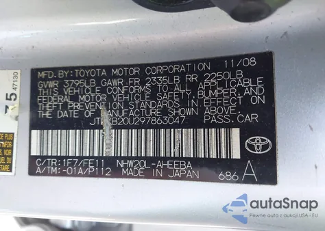 2009 Toyota Prius z USA, uszkodzony, nr VIN JTDKB20U297863047
